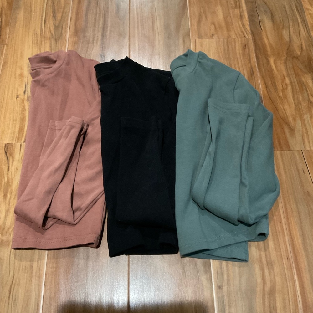 SHEIN Bundle Women's Long Sleeve Moc Neck Crop Tops - Black, Olive Green, Mauve
